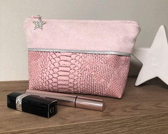 Rosa und silberne Make-up-Tasche, anpassbar / Reißverschluss-Kit Veloursleder und Kunstleder Reptilien pastellrosa / Kosmetische Aufbewahrung