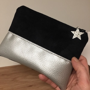 Porte monnaie femme noir et argenté / Petite pochette personnalisable suédine et cuir végétal / Pochette de sac femme / Cadeau personnalisé