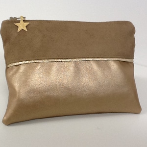Porte monnaie femme doré avec étoile / Petite pochette de sac zippé, camel et doré / Pochette plate suédine et cuir végétal, personnalisable
