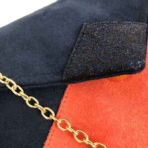 Navy blue and coral wedding clutch bag with sequins / Suedette evening clutch bag, customizable / Chain handbag image 3