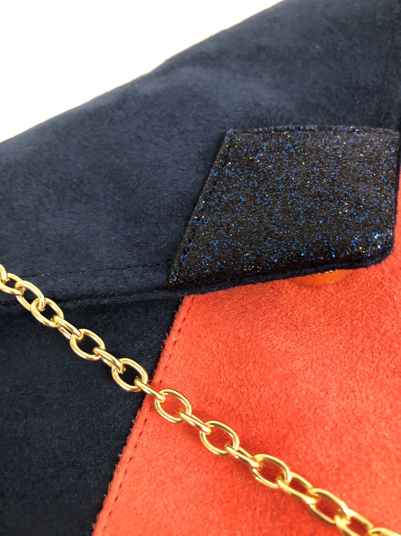 Navy blue and coral wedding clutch bag with sequins / Suedette evening clutch bag, customizable / Chain handbag image 3