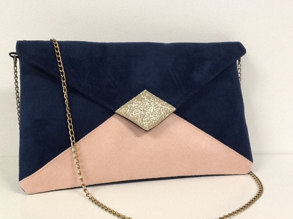 Pochette de soirée, mariage, suédine bleu marine et rose ...