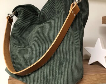Khaki green hobo bag, removable firm leather handle / Dark green corduroy tote bag, choice of leather / Shoulder bag, sportswear style