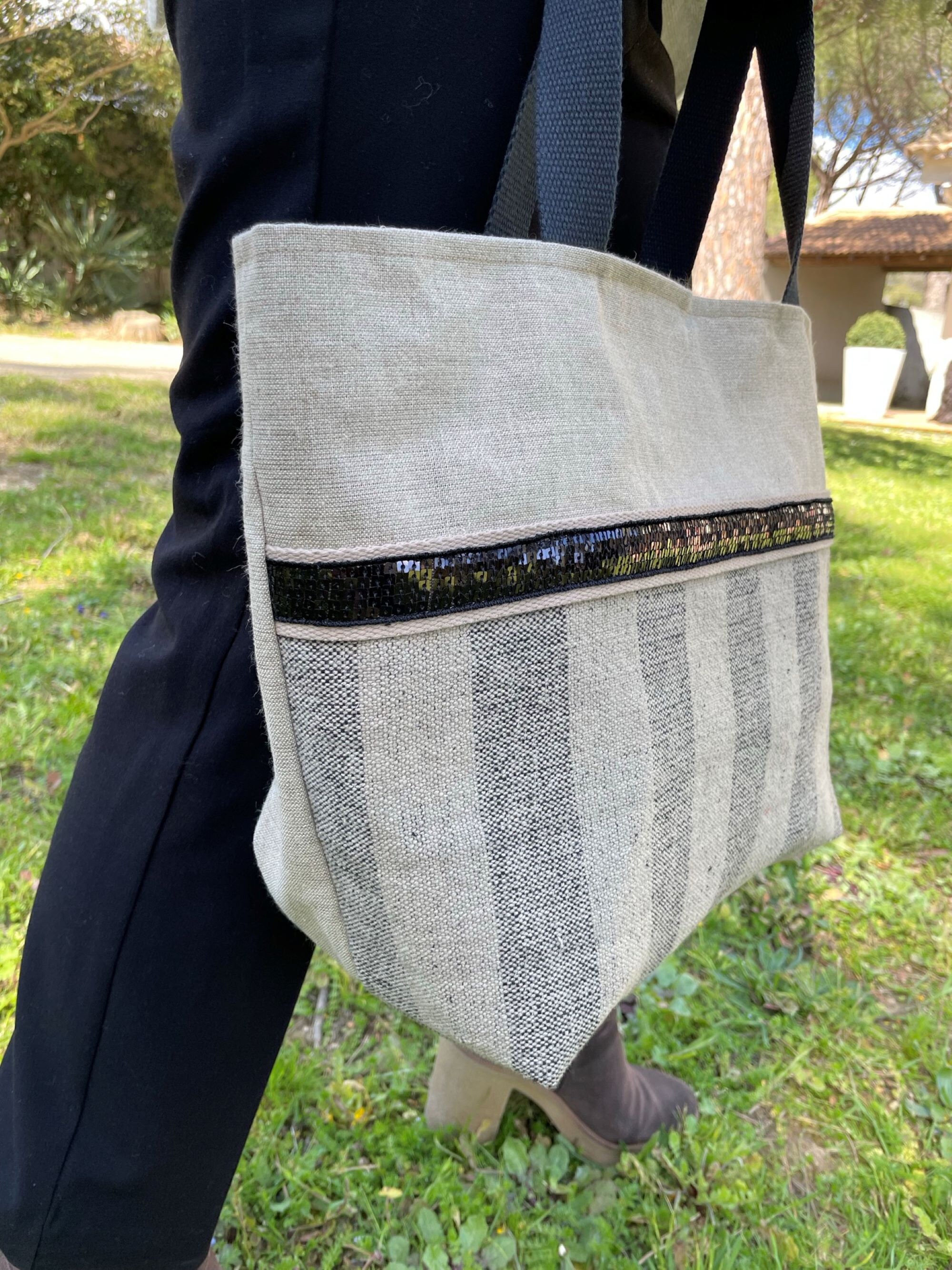 Shopping Bag in Pure Beige and Black Striped Linen Black - Etsy