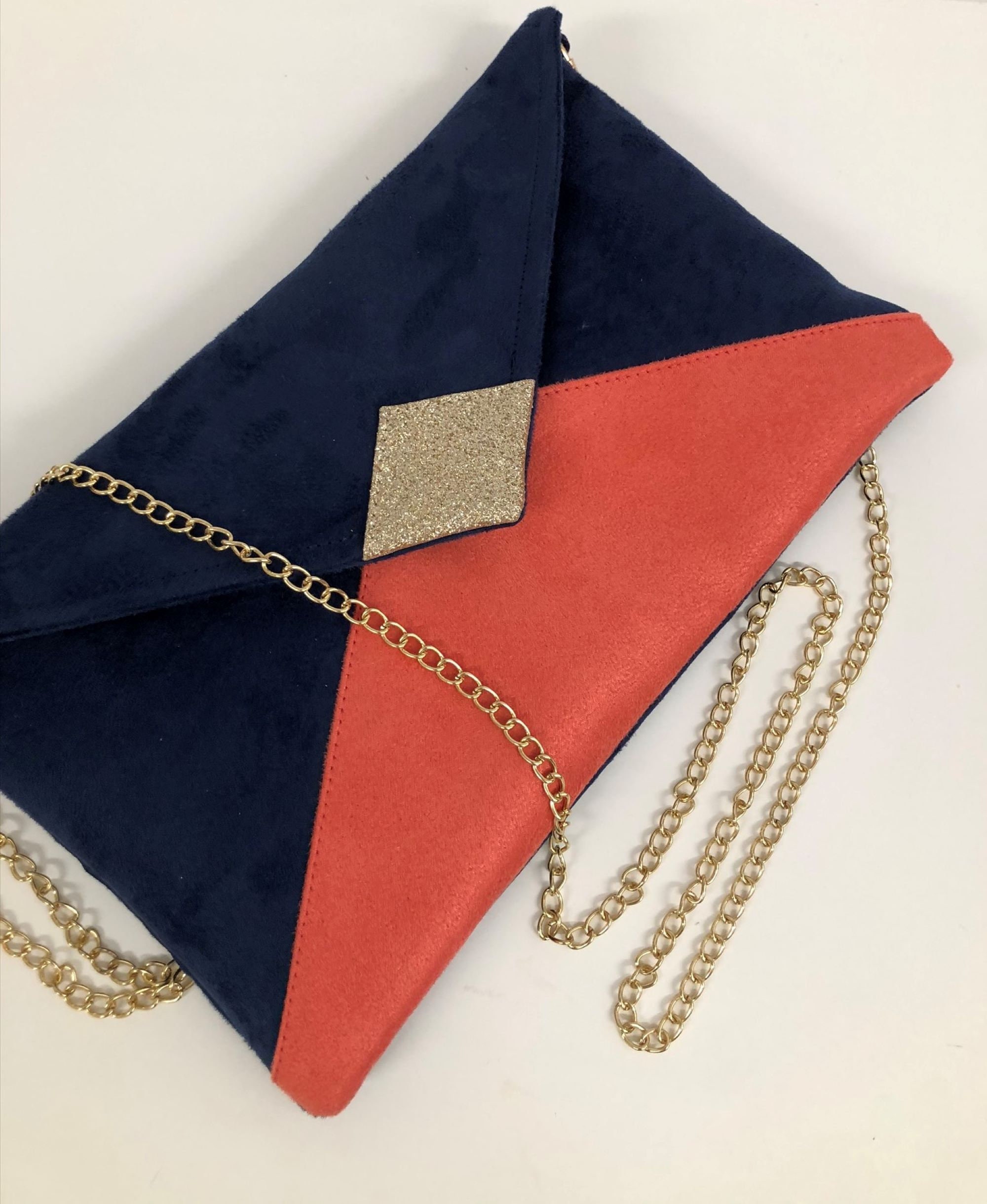Navy Blue and Coral Wedding Clutch Bag With Gold Glitter / 