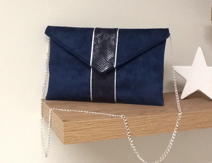 Pochette de soirée,mariage bleu marine suédine et croco ...