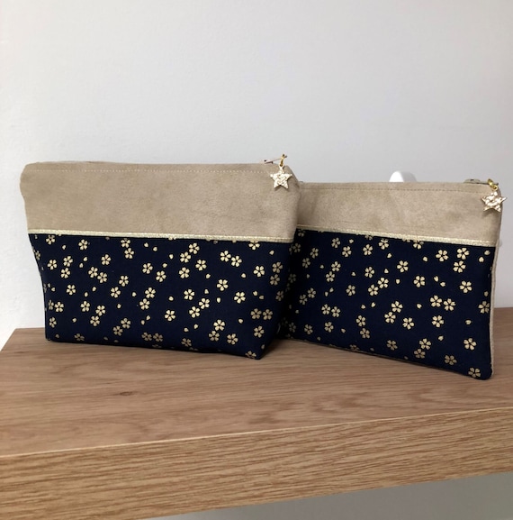 Porte monnaie femme beige et dore tissu japonais bleu nuit Petite pochette suedine tissu fleuri Pochette de sac zippee personnalisable Etsy France