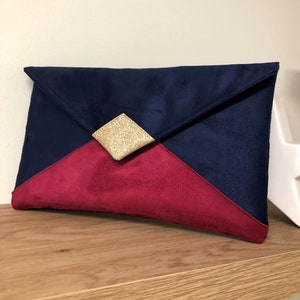 Navy blue, fuchsia pink and gold sequins wedding clutch bag / Envelope-shaped evening clutch bag, customizable suede / Women's handbag Sans chainette dorée