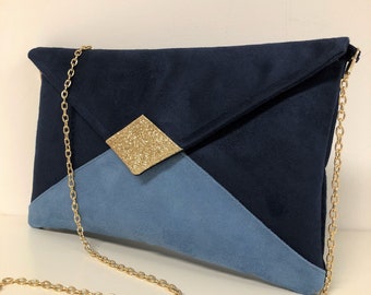 Pochette mariage bleu marine et bleu ciel, paillettes dorées / Pochette soirée personnalisée, suédine forme enveloppe / Sac à main chaînette