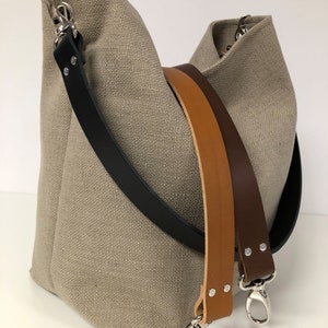 Beige linen hobo bag, removable leather handle / Women's bucket bag, sportswear style / Canvas tote bag, leather handle image 2