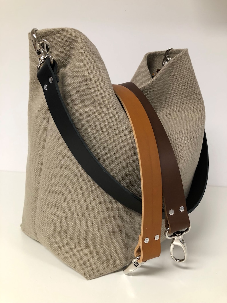 Beige linen hobo bag, removable leather handle / Women's bucket bag, sportswear style / Canvas tote bag, leather handle image 2