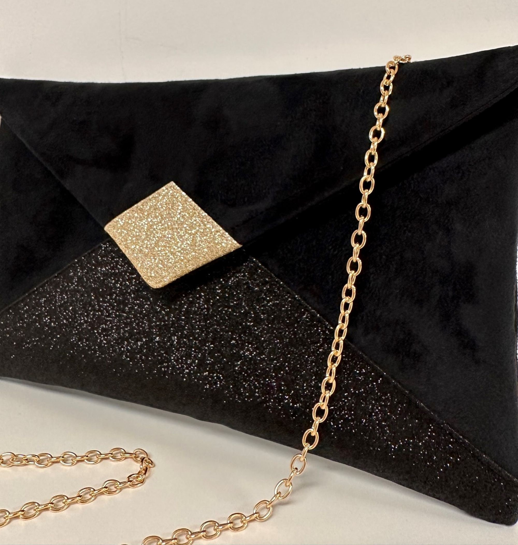 Black and Gold Wedding Clutch Bag With Sequins Suedette Handbag