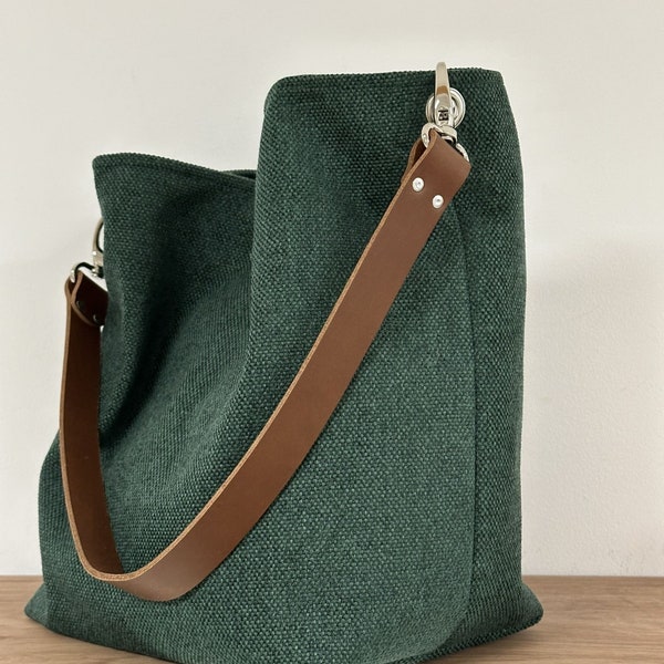 Forest green canvas hobo bag, removable leather handle / Women's bucket bag, sportswear style / Canvas tote bag, firm leather handle