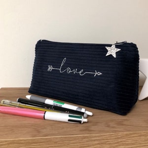 Trousse scolaire bleu marine, message pailleté et étoile argentée / Trousse crayons en velours bleu nuit, message paillettes personnalisable