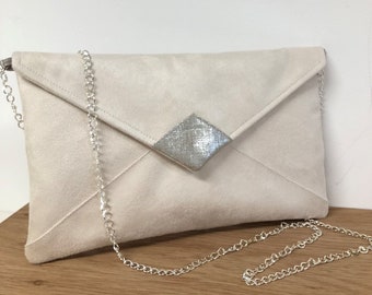 Ecru wedding clutch bag in suedette and silver linen / Customizable ivory evening clutch bag with or without chain