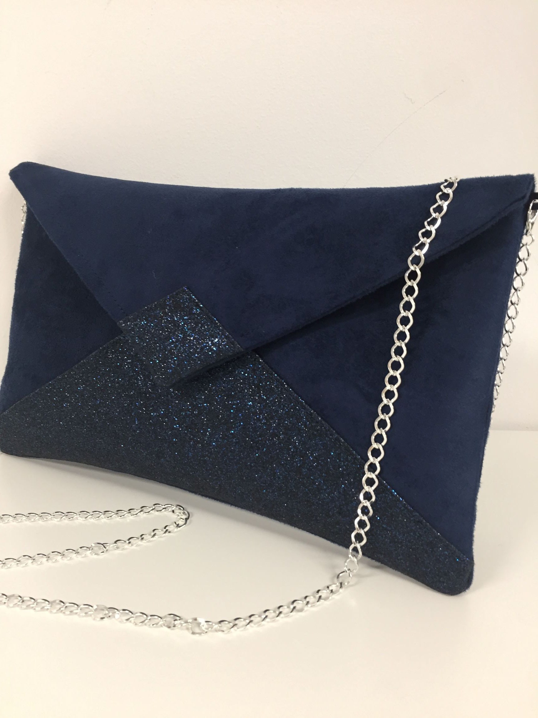 Navy Blue and Coral Wedding Clutch Bag With Gold Glitter / 