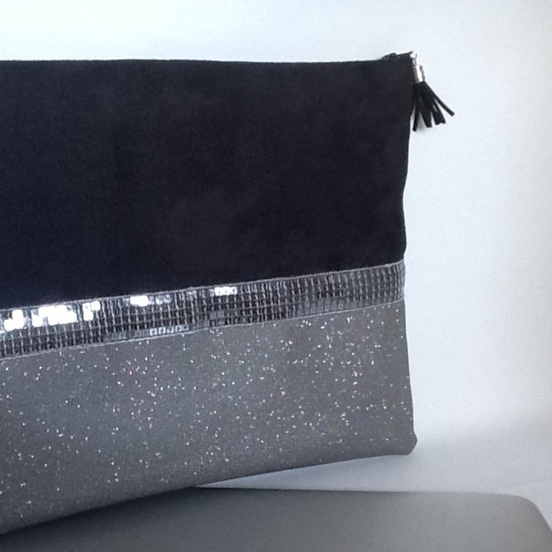black suede sequins style Vanessa Bruno Custom-made Macbook pouch black and grey imitation leather and sequins Computer zipped cover