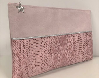 Pale pink and silver Macbook case / Custom made computer case, in suedette and reptil leatherette / Ipad carrying case