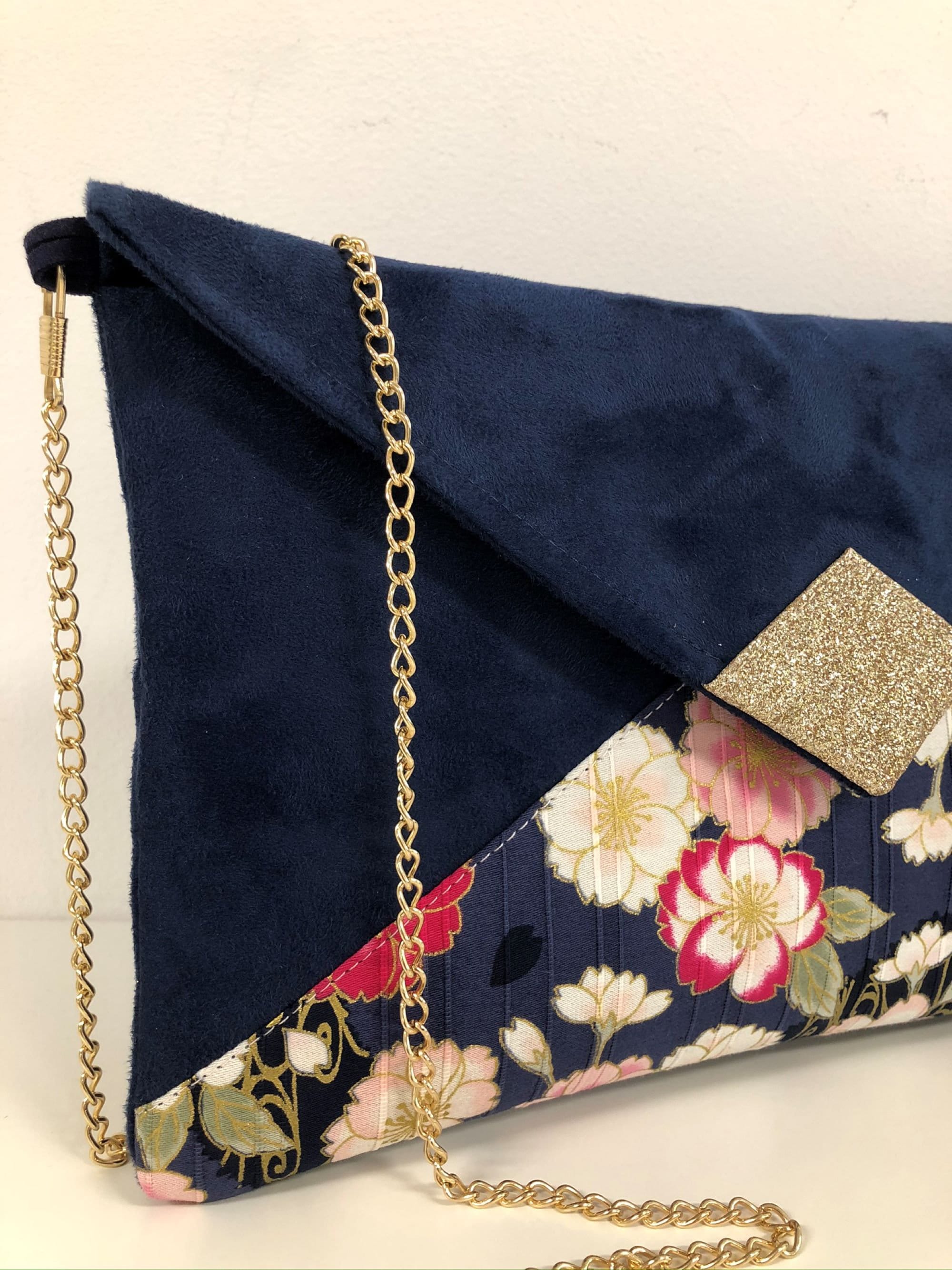 Blue Evening Clutch Bag Japanese Floral Fabric Golden 