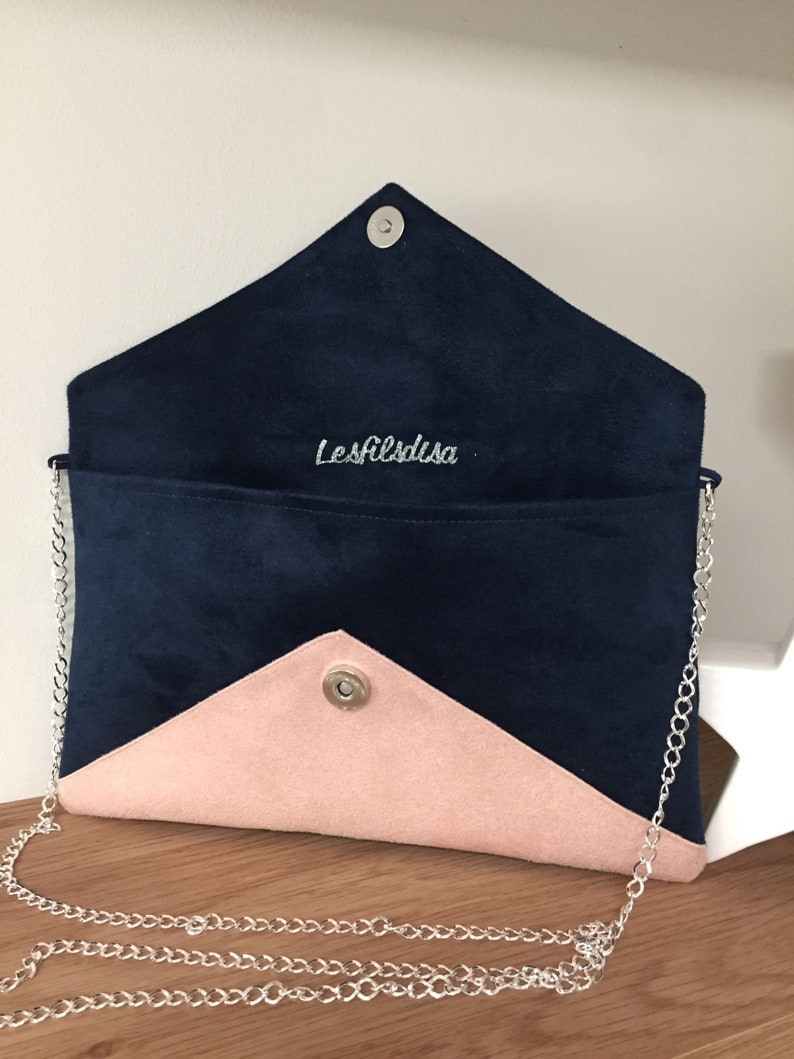 Navy blue and powder pink wedding bag, silver glitter / Customizable evening bag with chain / Night blue shoulder strap bag to custom image 5