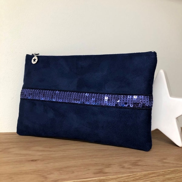 Navy blue computer sleeve with sequins, customizable / MacBook case / Ipad or tablet case in suedette