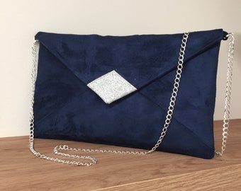 Navy blue suede wedding clutch bag, silver sequins / Customizable evening clutch bag with or without chain / Personnalized suede clutch bag