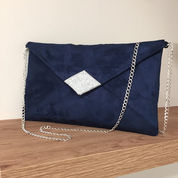 Pochette mariage bleu marine en suédine, paillettes argentées / Pochette soirée personnalisable avec ou sans chainette / Sac bandoulière