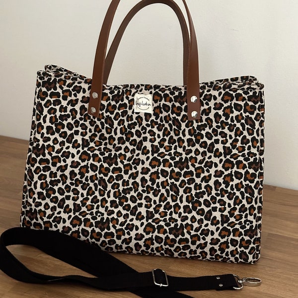 Sac fourre-tout léopard / Sac cabas cuir et tissu / Sac à main léopard / Sac femme, bandoulière amovible, imprimé animalier