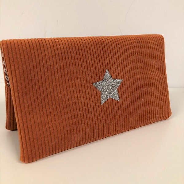 Porte chéquier en velours orange, étoile argentée /  Etui chéquier femme, velours côtelé, paillettes, personnalisable / Format portefeuille