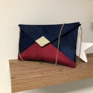 Navy blue, fuchsia pink and gold sequins wedding clutch bag / Envelope-shaped evening clutch bag, customizable suede / Women's handbag Avec chainette dorée