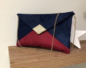Navy blue, fuchsia pink and gold sequins wedding clutch bag / Envelope-shaped evening clutch bag, customizable suede / Women's handbag