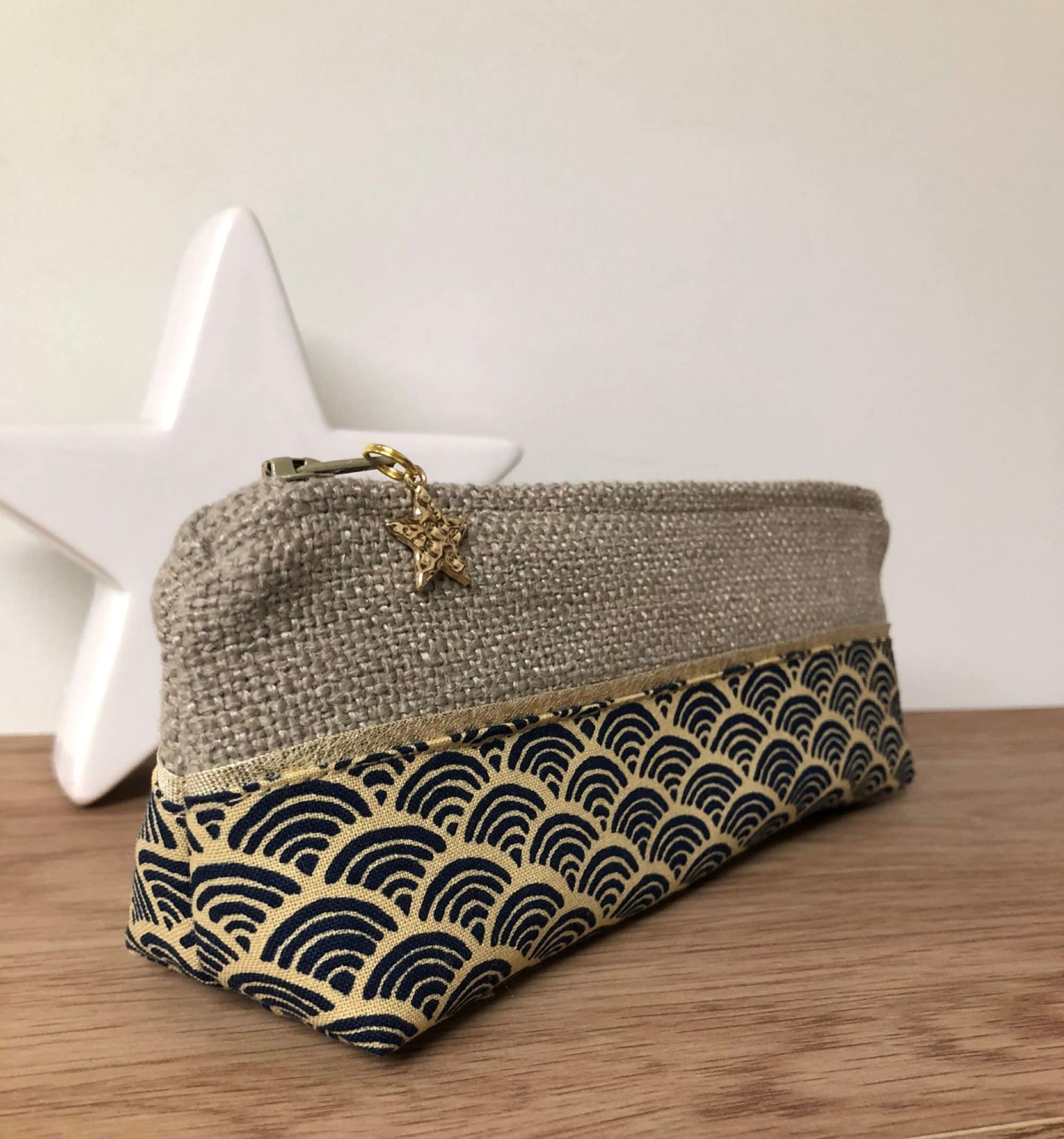 Mini Pencil Case in Japanese Fabric and Linen, Golden Star / Small