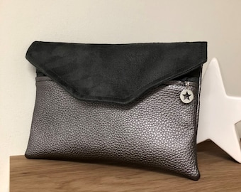 Portefeuille femme gris, à rabat, personnalisable / Compagnon de sac, cuir végétal grainé et suédine / Porte monnaie zippé, Porte chéquier