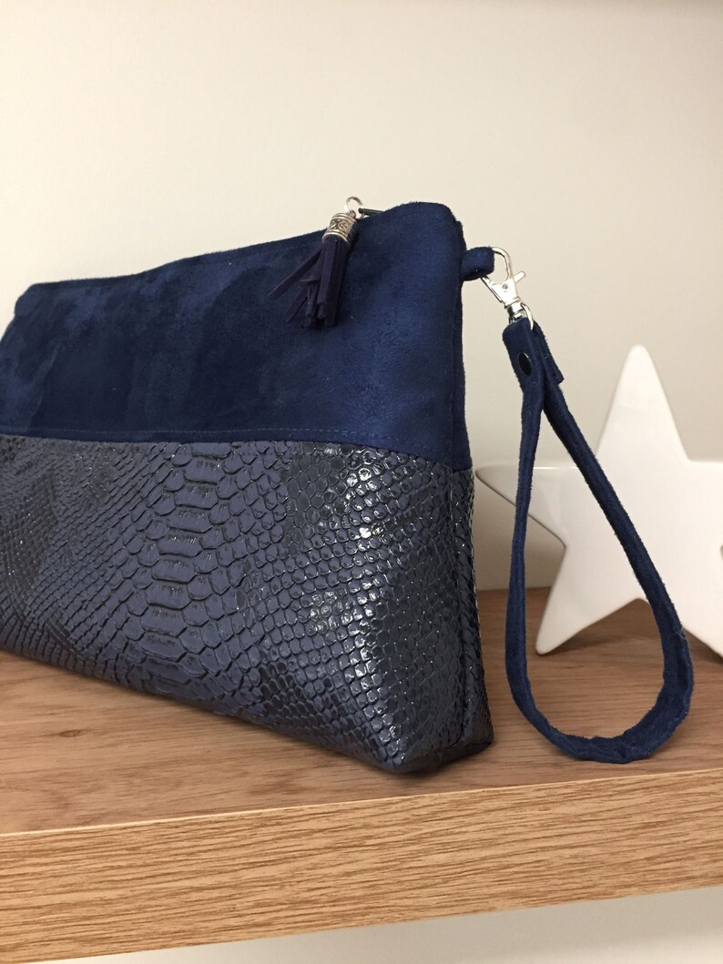 Clutch de novia azul marino, asa extraíble / Bolso de mano mujer ante, piel sintética de reptil / Bolso de mano personalizable azul medianoche imagen 4