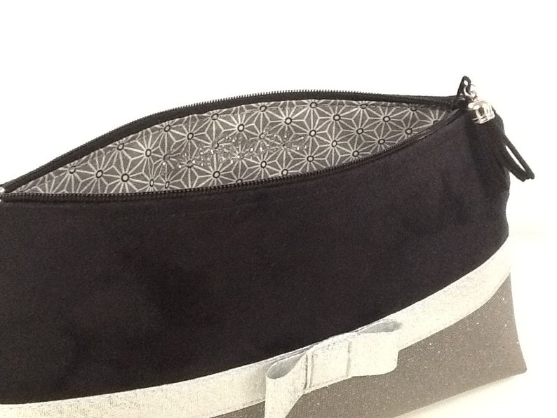 Trousse maquillage noire et gris, noeud argenté / Élégante pochette de sac en suédine, simili cuir / Petite pochette zippée personnalisable image 6