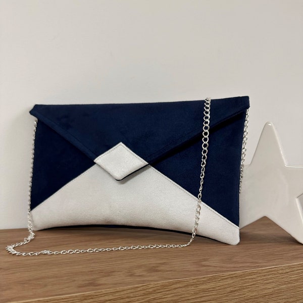 Pochette mariage bleu marine, blanc sans paillettes  / Pochette soirée suédine personnalisable, avec ou sans chainette amovible / Sac à main