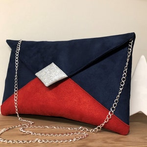 Navy blue and red wedding bag, silver glitter / Customizable evening bag with chain / Night blue and bright red shoulder strap bag to custom image 1