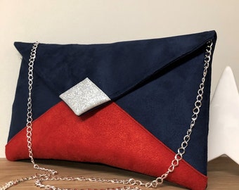 Navy blue and red wedding bag, silver glitter / Customizable evening bag with chain / Night blue and bright red shoulder strap bag to custom