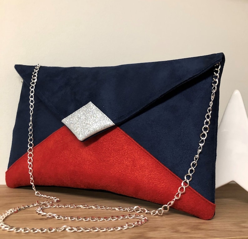 Navy blue and red wedding bag, silver glitter / Customizable evening bag with chain / Night blue and bright red shoulder strap bag to custom image 1