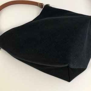 Black hobo bag, removable firm leather handle / Black corduroy tote bag, choice of leather / Shoulder bag, sportswear style image 9