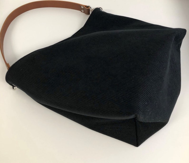 Black hobo bag, removable firm leather handle / Black corduroy tote bag, choice of leather / Shoulder bag, sportswear style image 9