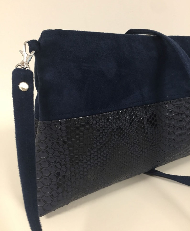 Navy blue wedding bag / Zipped shoulder bag, reptil leatherette / Night blue shoulder handbag, customizable / Women's blue wedding bag image 6