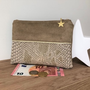 Monedero de mujer camel y oro / Bolsa de piel sintética de reptil, ante / Mini bolsa plana con cremallera, papeles, personalizable
