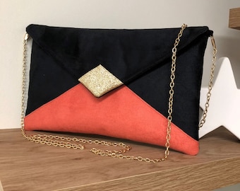 Black and coral wedding clutch bag with gold glitter / Suedette evening clutch bag in envelope form, customizable / Chaînette handbag