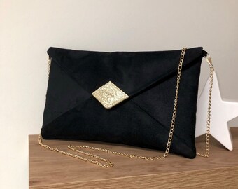 Evening bag in black suedette and gold spangles, with shoulder strap in gold chain / Blue navy and gold clutch