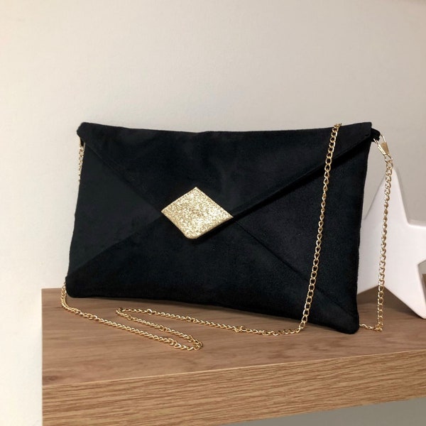 Pochette soirée noire en suédine, paillettes dorées / Pochette mariage personnalisable avec ou sans chainette / Sac à main noir bandoulière