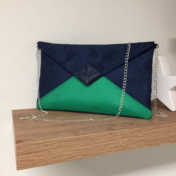 Navy blue and fir green wedding clutch bag, with sequins / Suede evening clutch bag, envelope shape, customizable / Chain bag