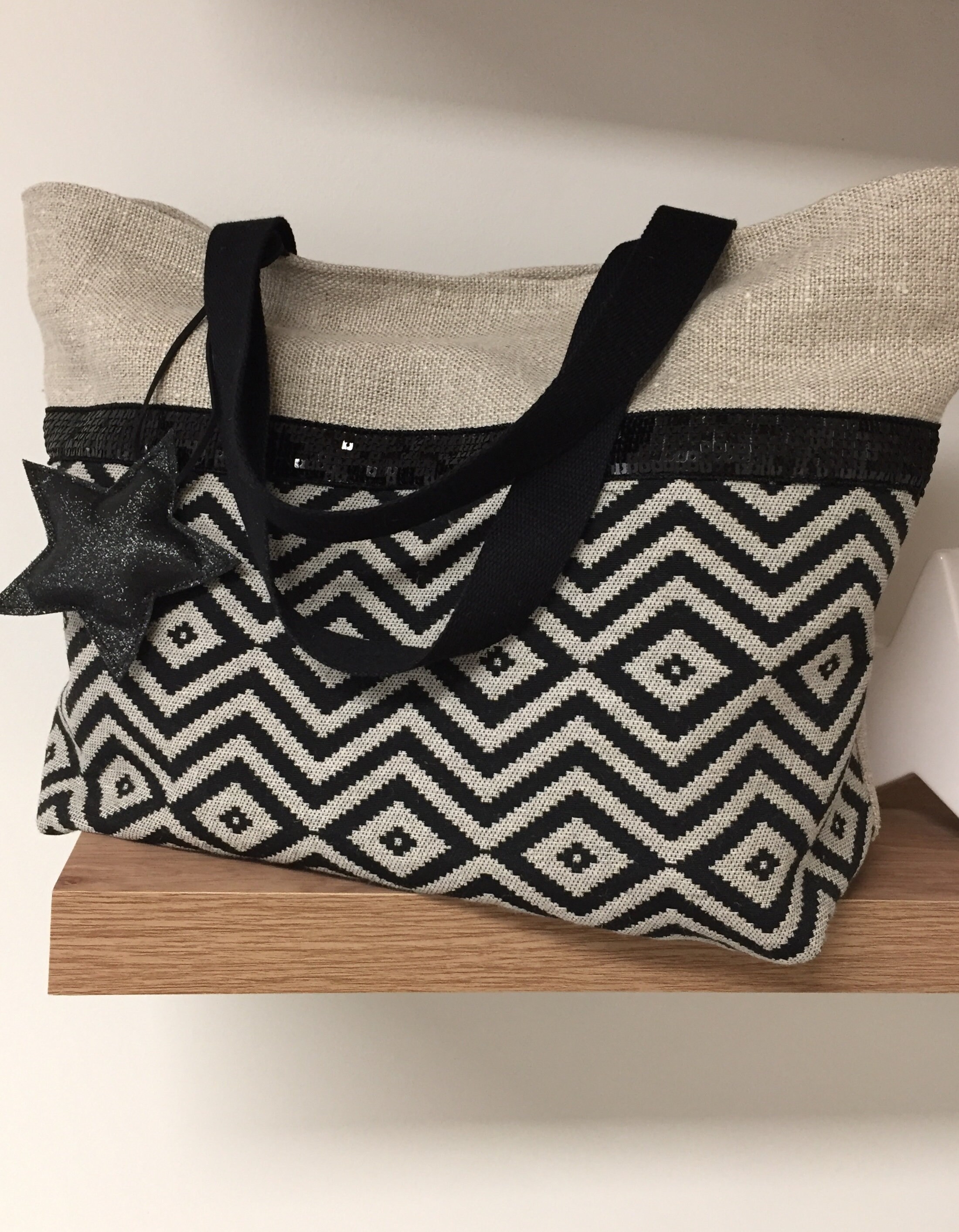 Zipped Tote Bag in Natural Linen Black Herringbone Pattern - Etsy