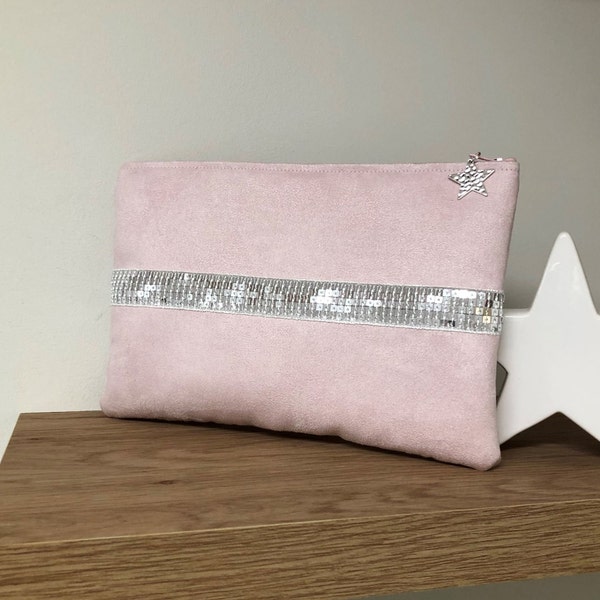 Pale pink Ipad pouch, with silver sequins / Computer case, tablet, suedette, customizable / Custom MacBook case / Personnalized sleeve