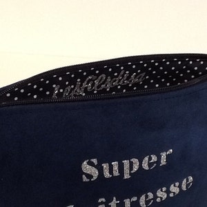 Customizable teacher's bag, navy blue and silver / Make-up bag, suede, glitter / Personalized teacher's gift image 4